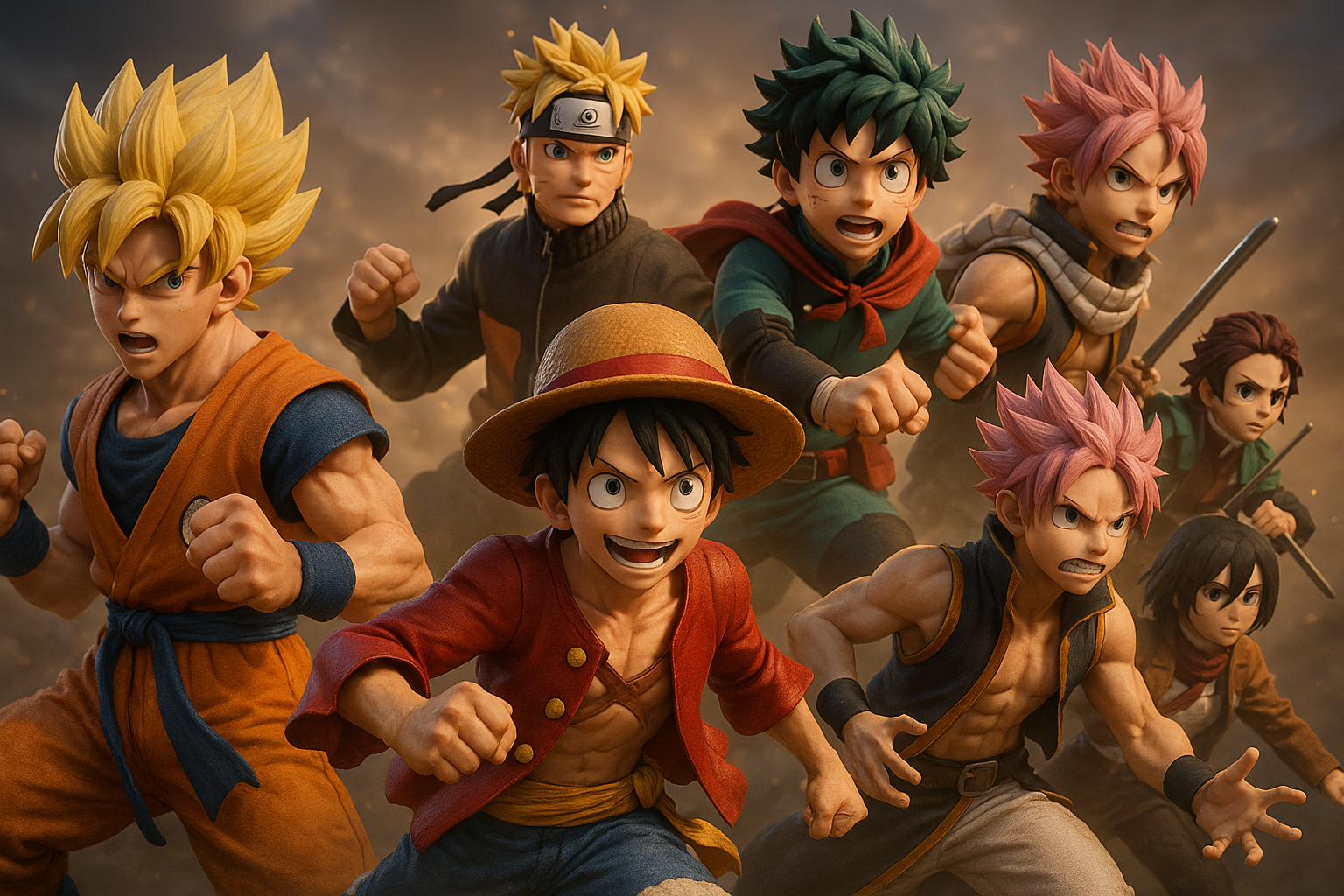 make an image for anime lovers with all of their maincharacters and make the image 3d